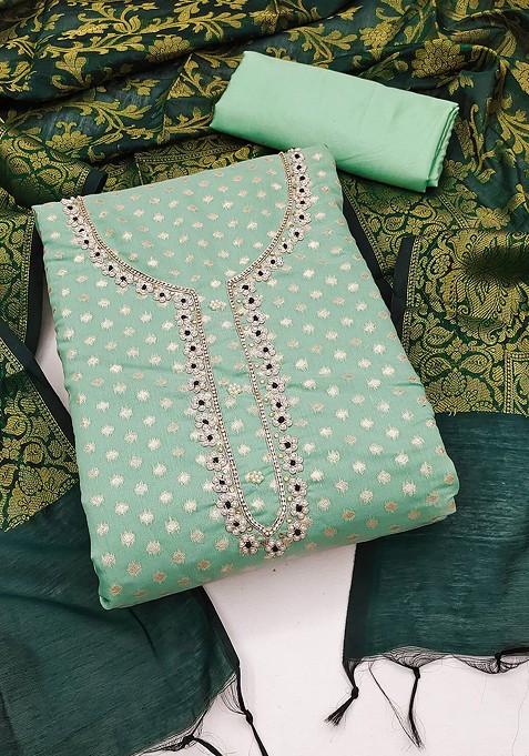 Green Woven Poly Blend Kurta Set