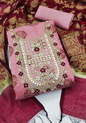 Pink Embellished Poly Blend Kurta Set