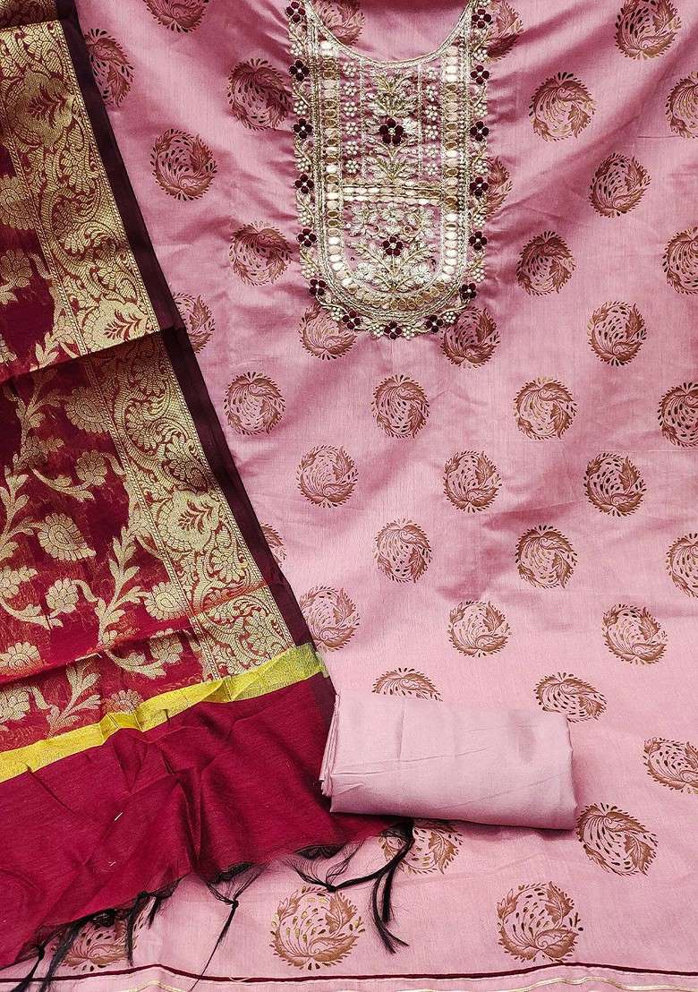 Pink Embroidered Blended Straight Kurta Set - Indya