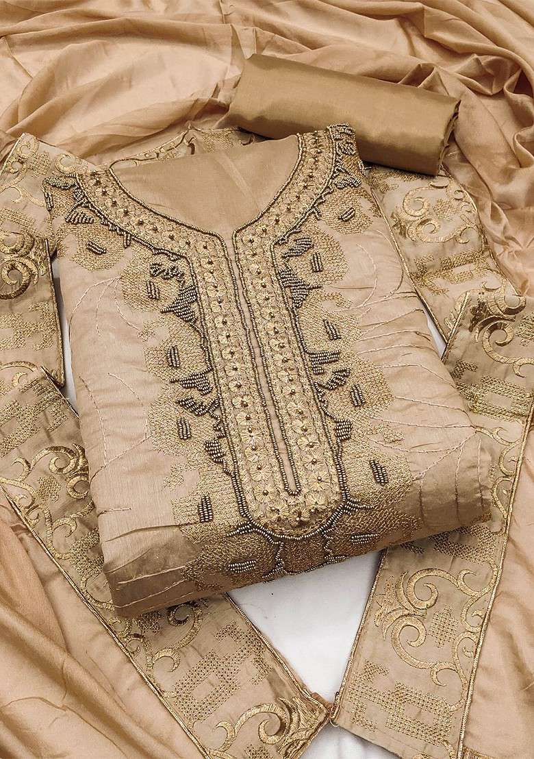 Beige Embroidered Blended Pakistani Suit Set - Indya