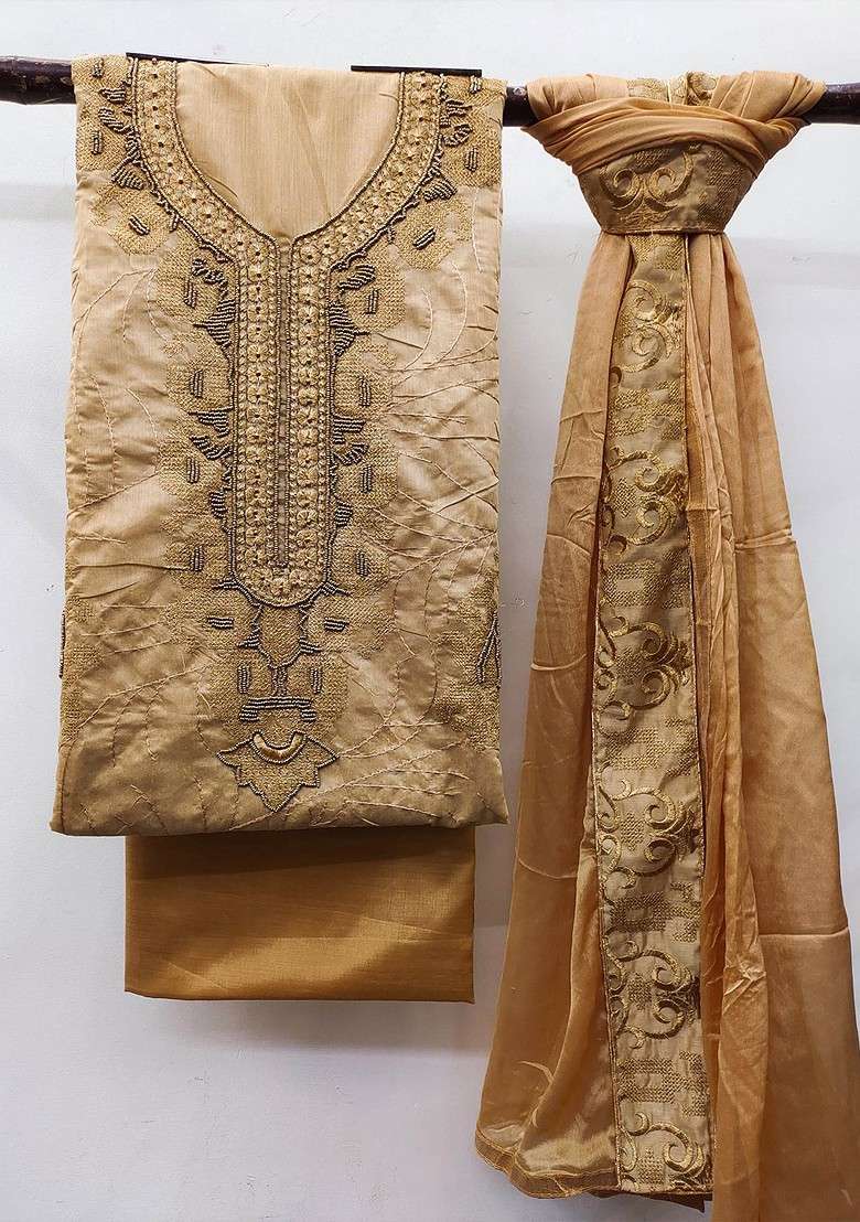 Beige Embroidered Blended Pakistani Suit Set - Indya