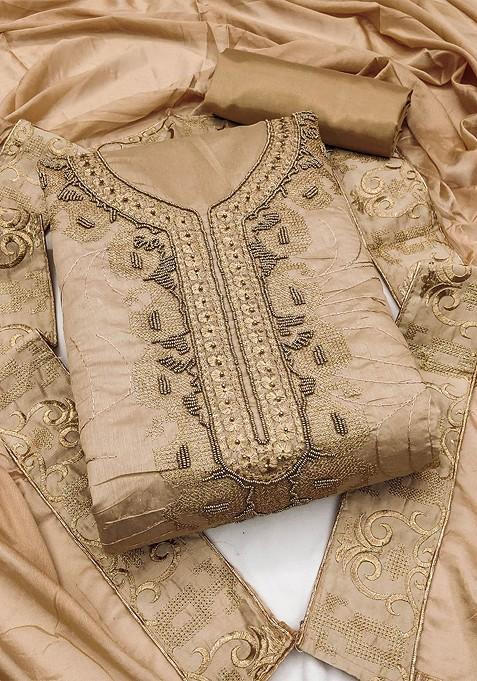Beige Embellished Poly Blend Kurta Set