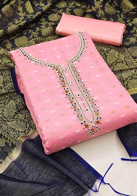 Pink Woven Jacquard Kurta Set