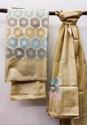 Beige Woven Banarasi Jacquard Kurta Set