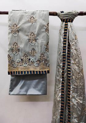 Grey Embroidered Poly Blend Kurta Set