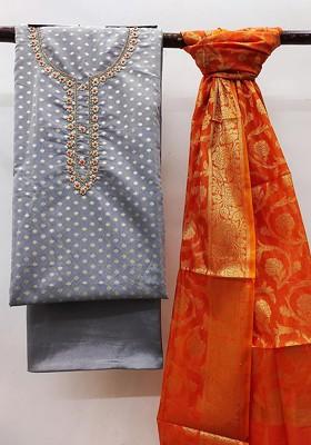 Grey Woven Banarasi Jacquard Kurta Set