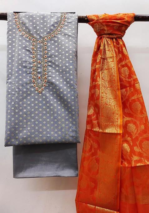 Grey Embroidered Jacquard Straight Kurta Set