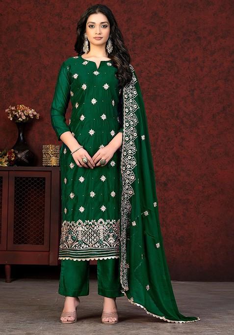 Green Embroidered Poly Blend Kurta Set