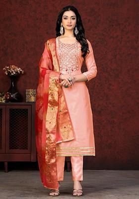 Peach Embroidered Poly Blend Kurta Set