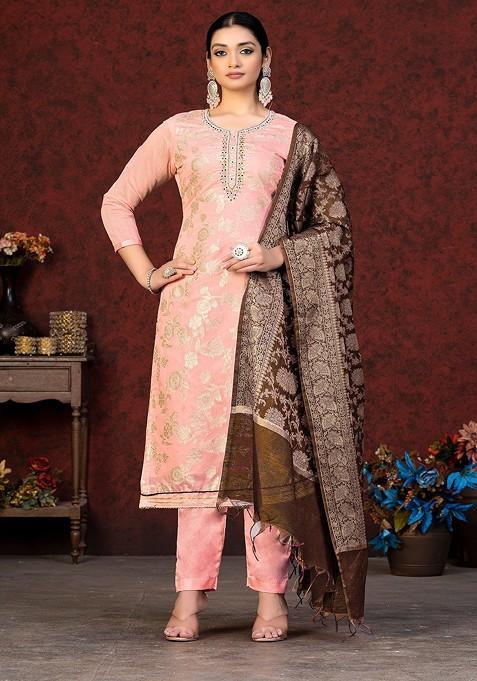 Peach Woven Poly Blend Kurta Set