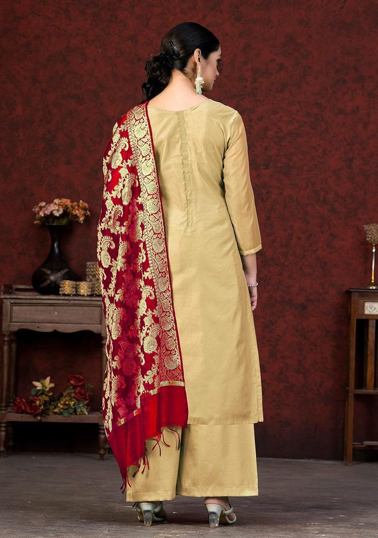Beige Woven Poly Blend Kurta Set - Indya