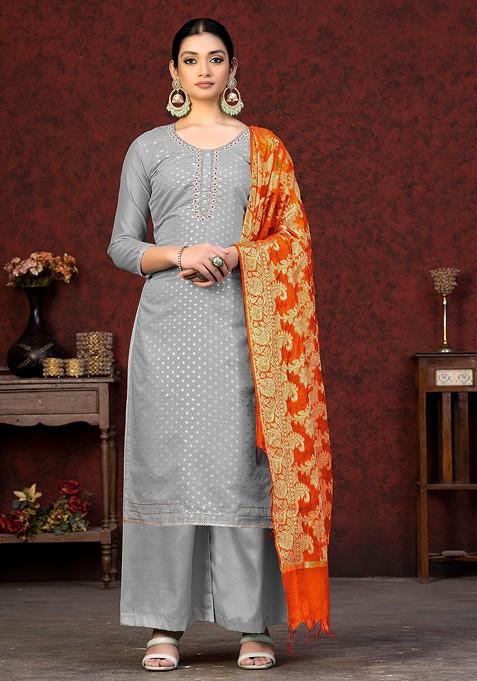 Grey Woven Poly Blend Kurta Set