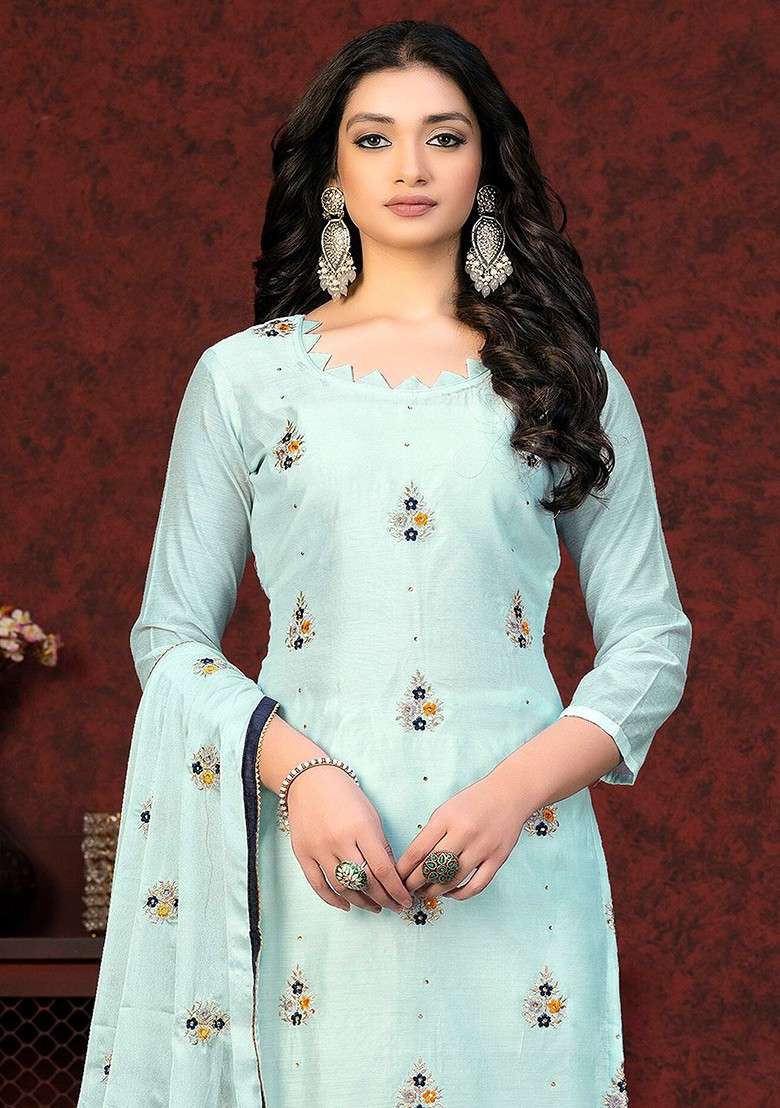 Sea Green Embroidered Poly Straight Kurta Set - Indya