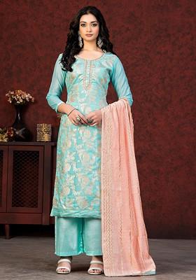 Sea Green Embellished Poly Blend Kurta Set