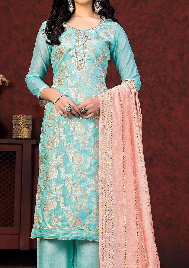 Sea Green Embellished Poly Blend Kurta Set