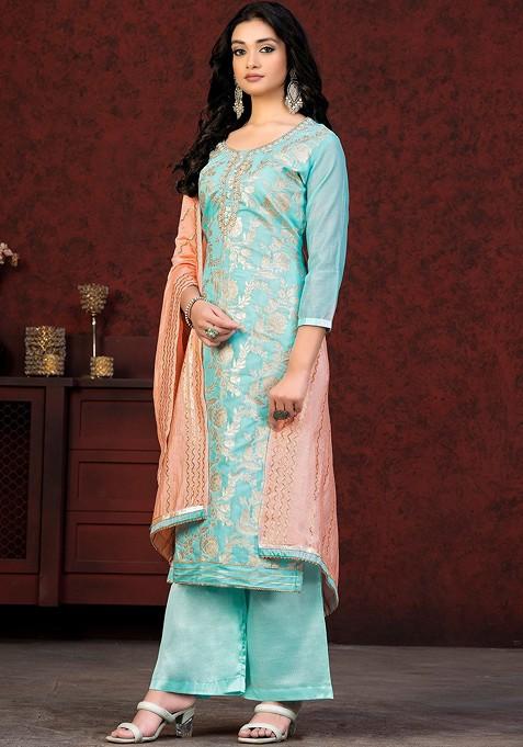 Sea Green Embellished Poly Blend Kurta Set