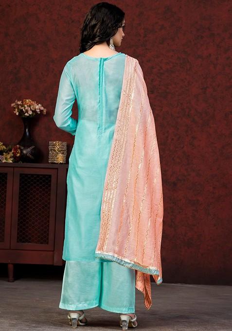 Sea Green Embellished Poly Blend Kurta Set
