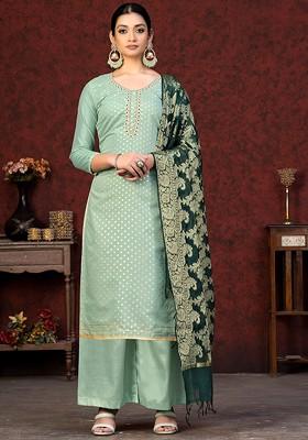 Green Woven Poly Blend Kurta Set
