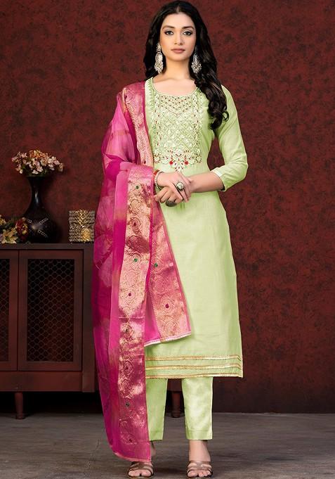 Green Embroidered Poly Blend Kurta Set