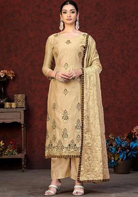 Beige Embroidered Poly Blend Kurta Set