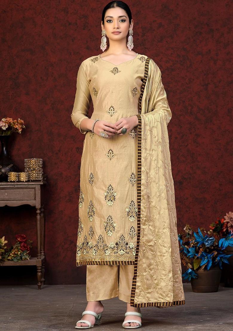 Beige Embroidered Poly Blend Kurta Set - Indya