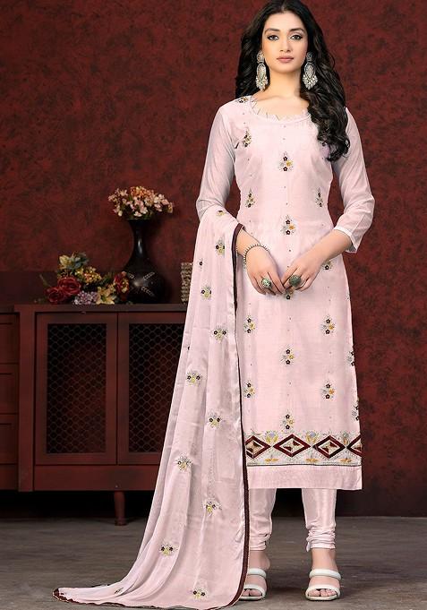 Pink Embroidered Poly Blend Kurta Set