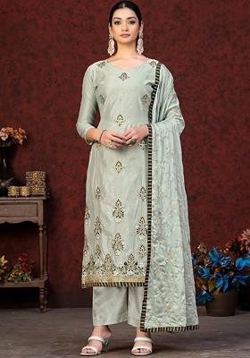 Grey Embroidered Poly Blend Kurta Set
