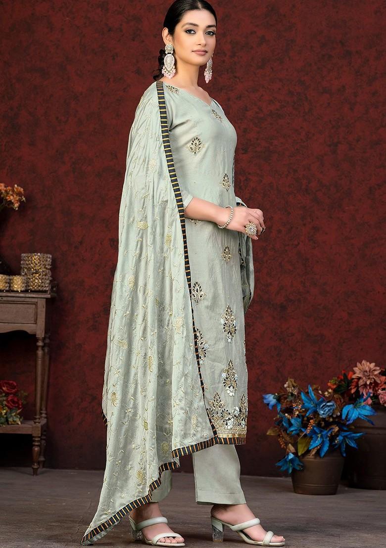 Grey Embroidered Poly Blend Kurta Set - Indya