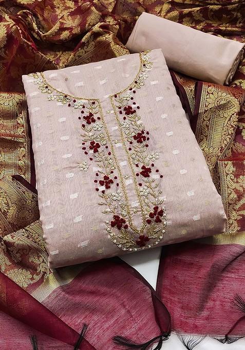 Purple Embroidered Blended Straight Kurta Set