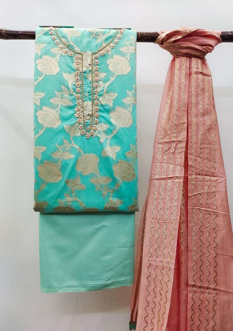 Sea Green Embroidered Poly Straight Kurta Set - Indya
