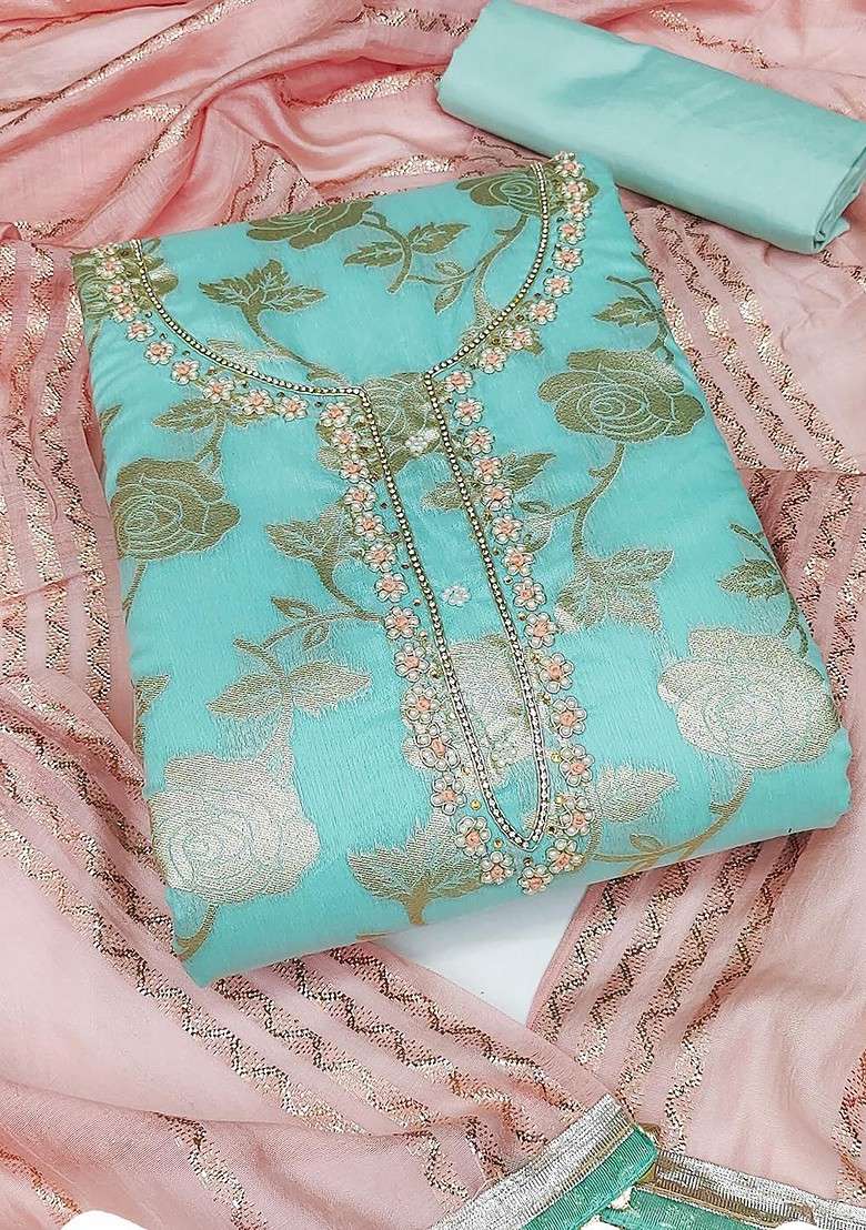 Sea Green Embroidered Poly Straight Kurta Set - Indya