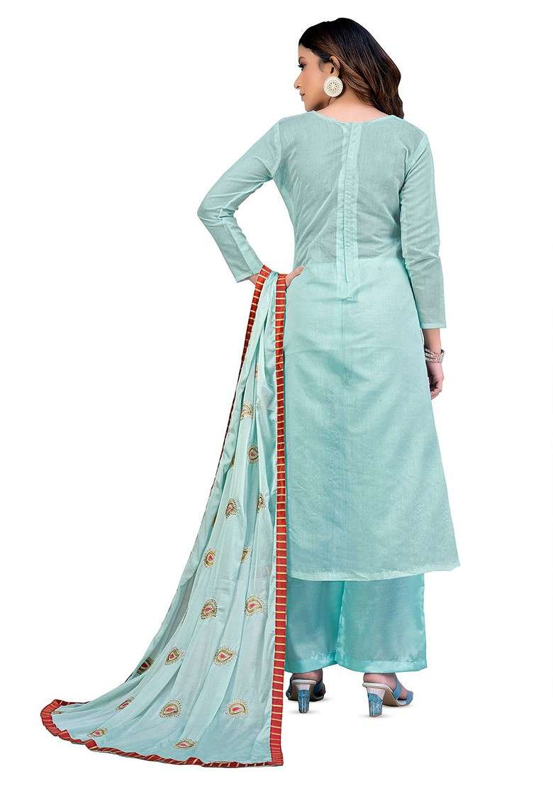 Sea Green Printed Cotton Straight Kurta Set - Indya