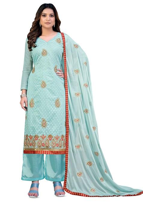 Sea Green Embroidered Pure Cotton Kurta Set