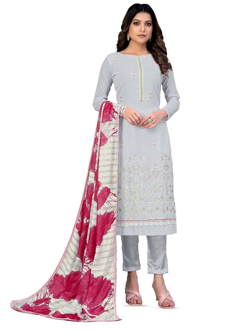Grey Embellished Poly Blend Kurta Set - Indya