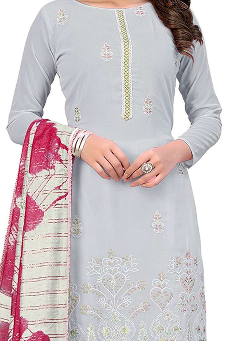 Grey Embellished Poly Blend Kurta Set - Indya