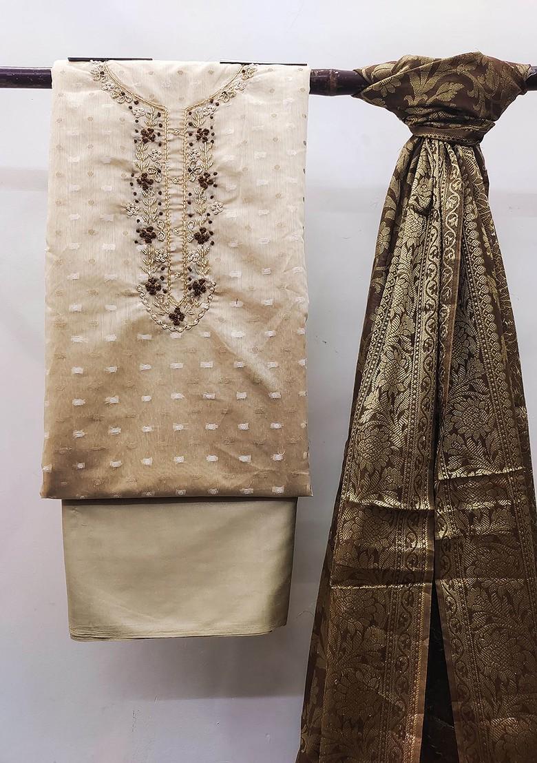 Beige Embellished Poly Blend Kurta Set - Indya