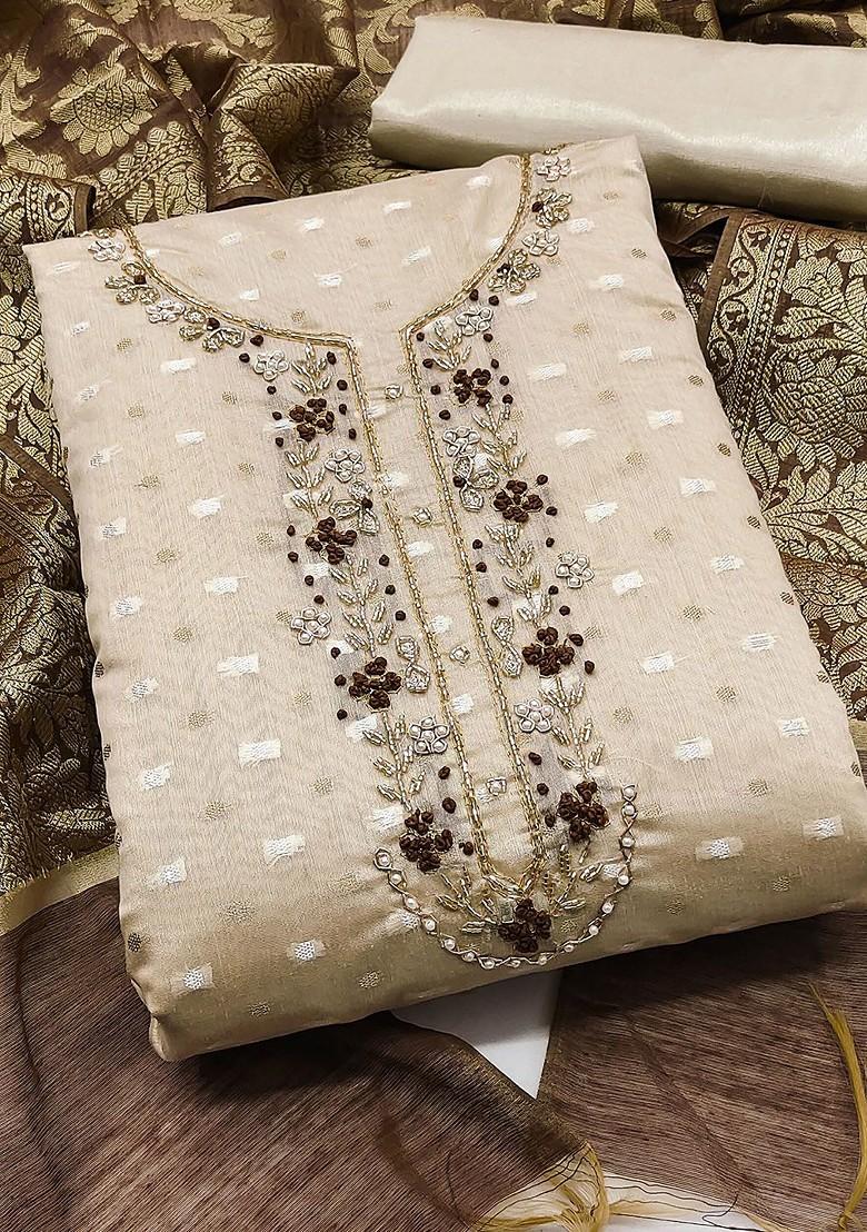 Beige Embellished Poly Blend Kurta Set - Indya