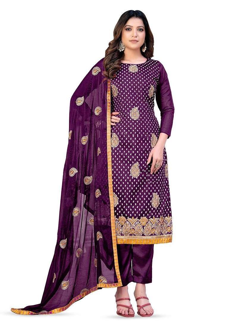 Magenta Embroidered Poly Blend Kurta Set - Indya