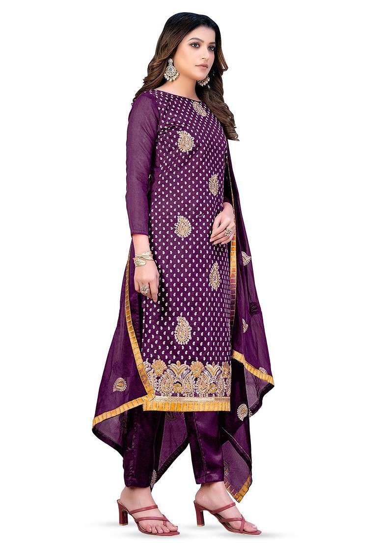 Magenta Embroidered Poly Blend Kurta Set - Indya