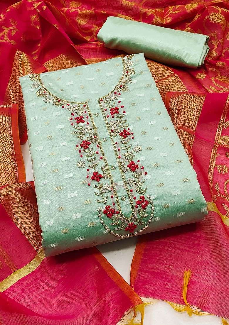 Green Embroidered Blended Straight Kurta Set - Indya