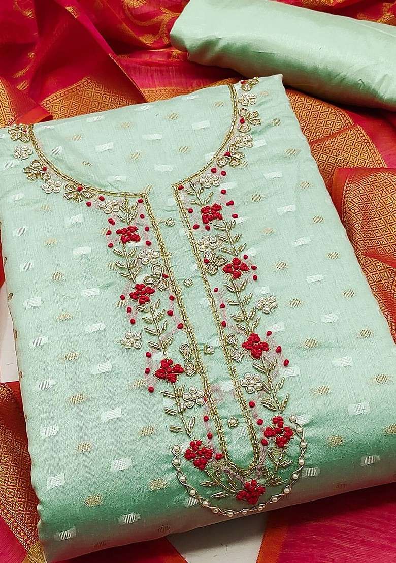 Green Embroidered Blended Straight Kurta Set - Indya