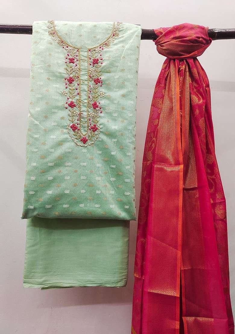 Green Embroidered Blended Straight Kurta Set - Indya