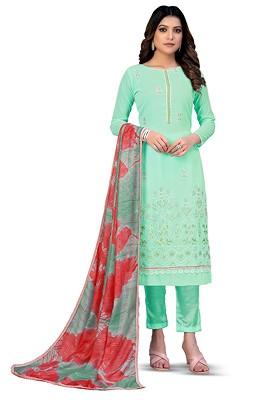 Sea Green Embroidered Poly Blend Kurta Set