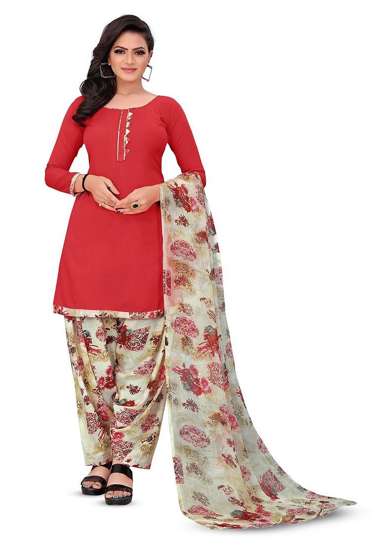 Red Floral Print Poly Blend Kurta Set