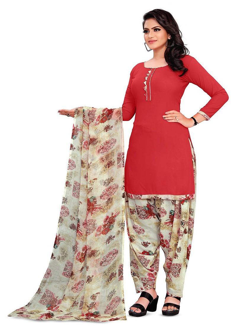 Red Floral Print Poly Blend Kurta Set
