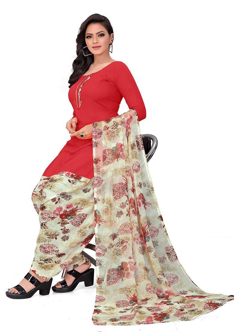 Red Floral Print Poly Blend Kurta Set