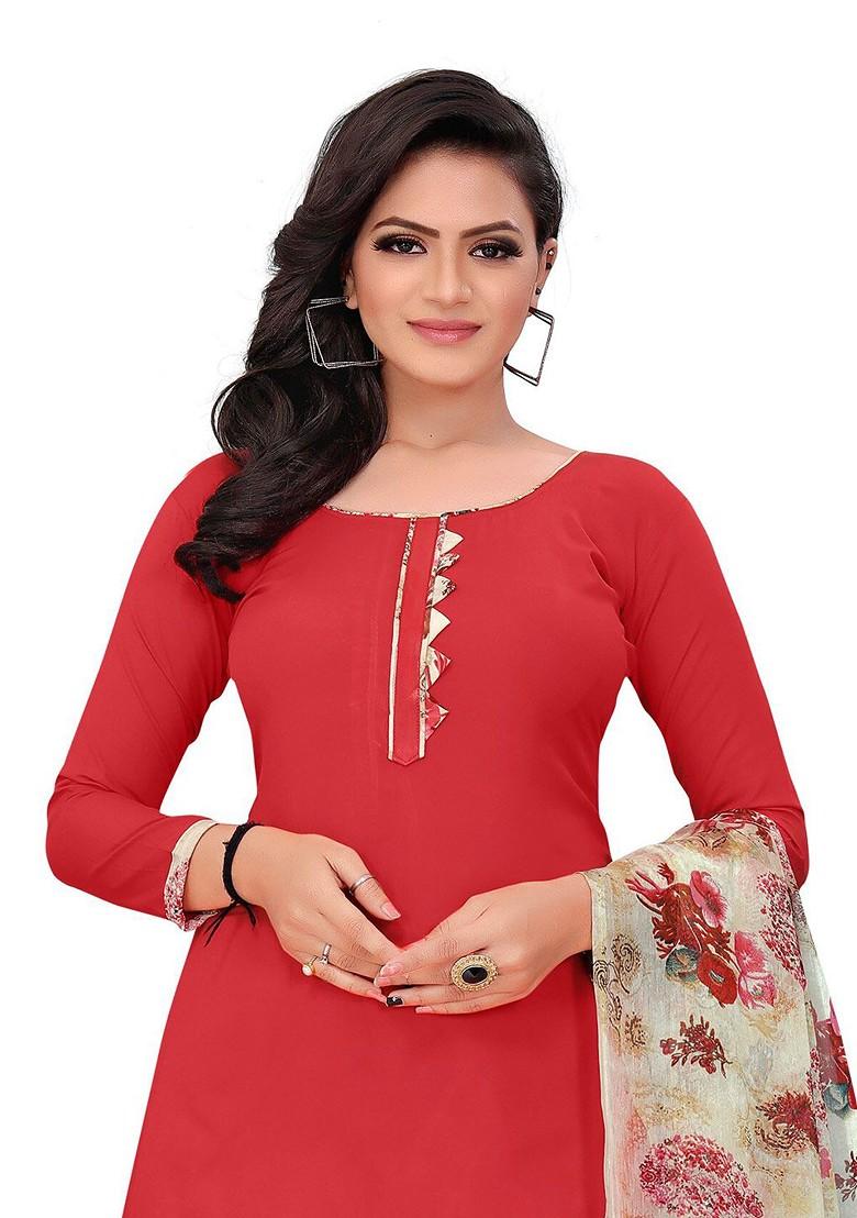 Red Floral Print Poly Blend Kurta Set