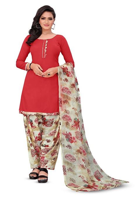 Red Floral Print Poly Blend Kurta Set
