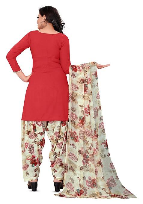 Red Floral Print Poly Blend Kurta Set