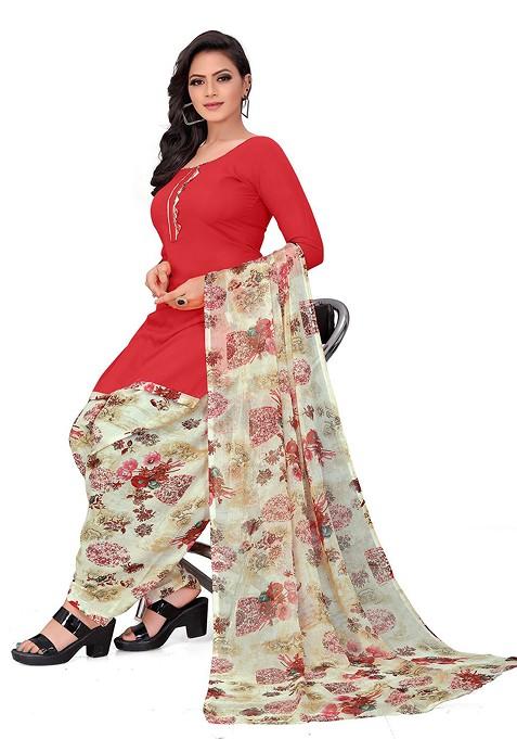 Red Floral Print Poly Blend Kurta Set